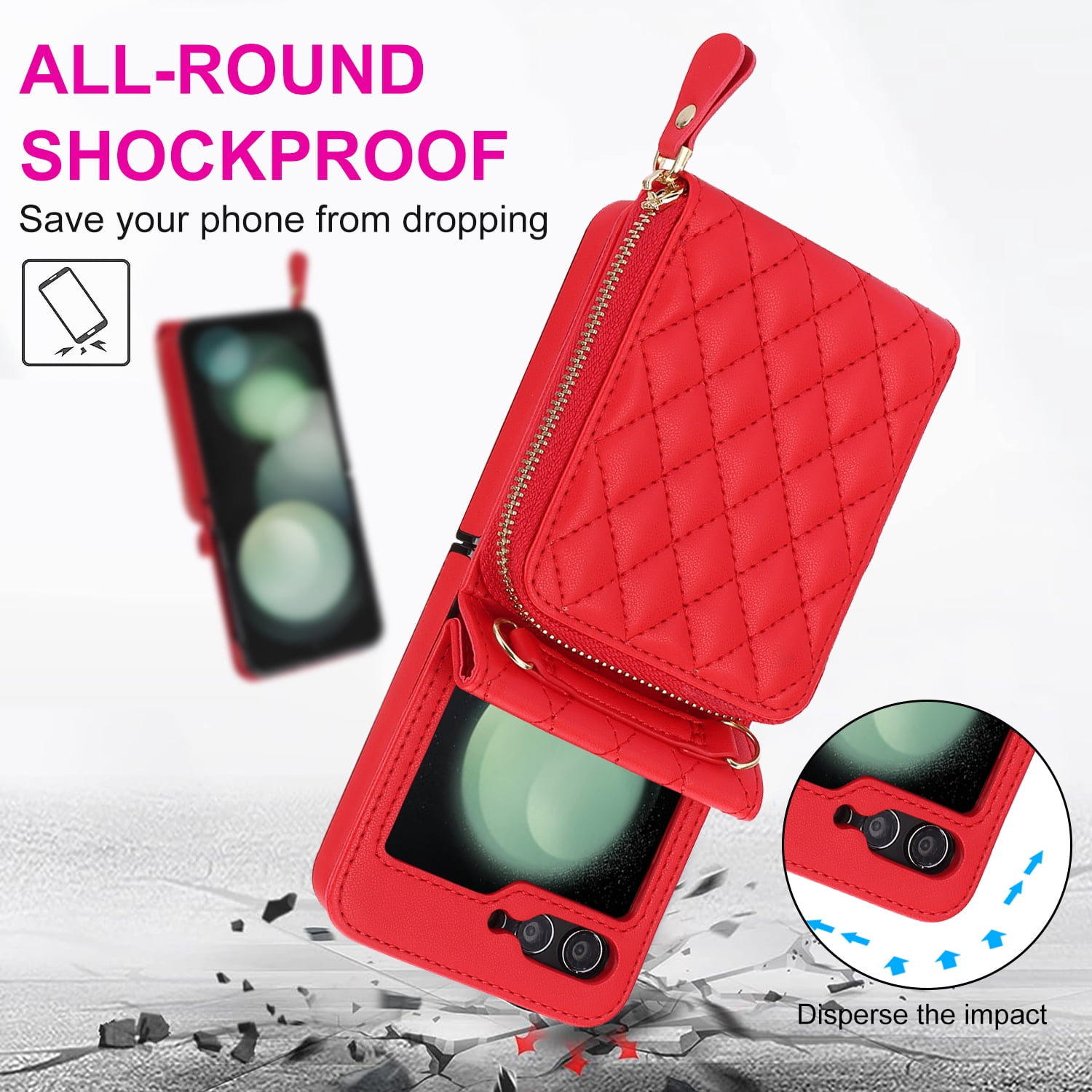 Allytechgroup Galaxy Z Flip 7 Wallet Case with Hand Wrist Shoulder Strap, Premium PU Leather Cards Slots Zipper Pocket Shockproof Protective Phone Case Cover for Samsung Galaxy Z Flip7, Red