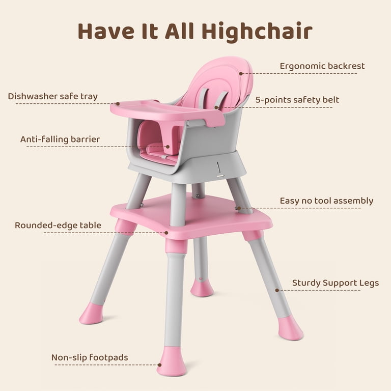 AILEEKISS 8 in 1 Baby High Chair, Pink Feeding Booster