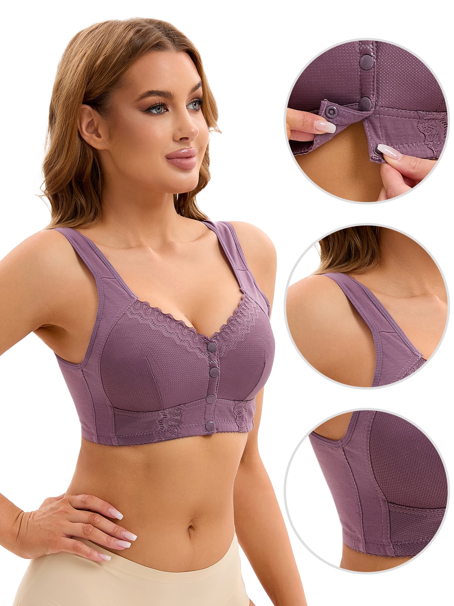 DARING DIVA Women's Full Coverage Lace Front Closure Vest Sports Bras Purple M