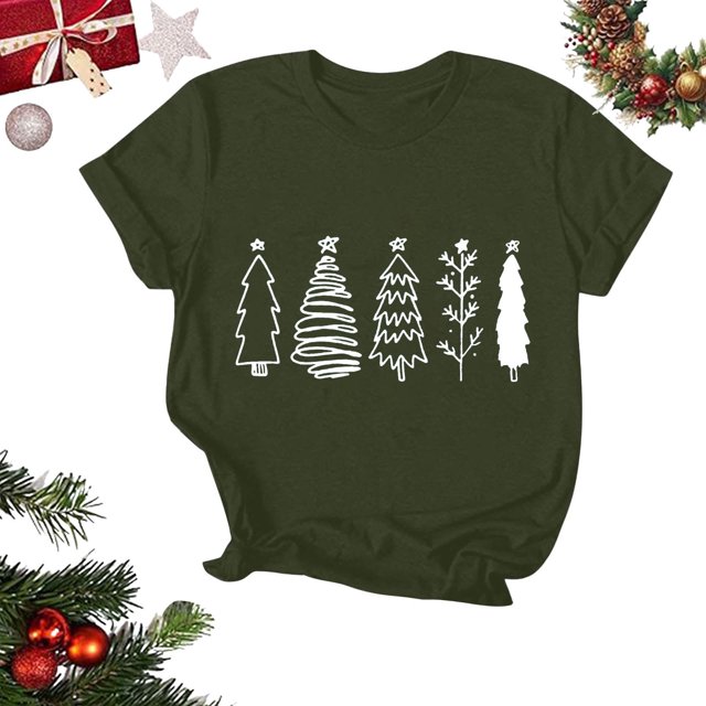 Puntoco Camiseta de manga corta con cuello redondo y estampado navideño para mujer Camiseta de manga corta con cuello redondo