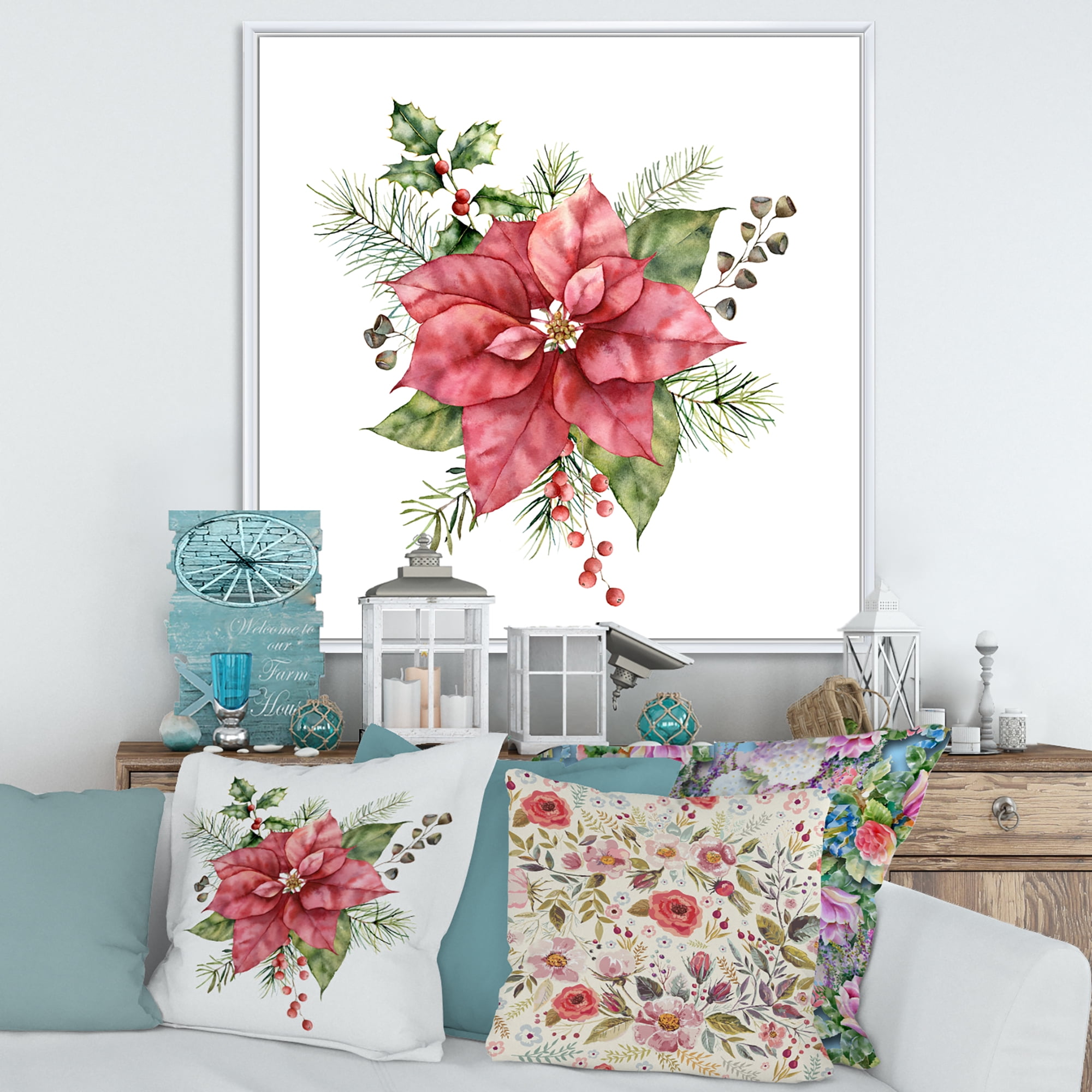 Christmas Fir Branch and Holly Mistletoe Berries II 36 in x 36 in Framed Painting Canvas Art Print, by Designart
