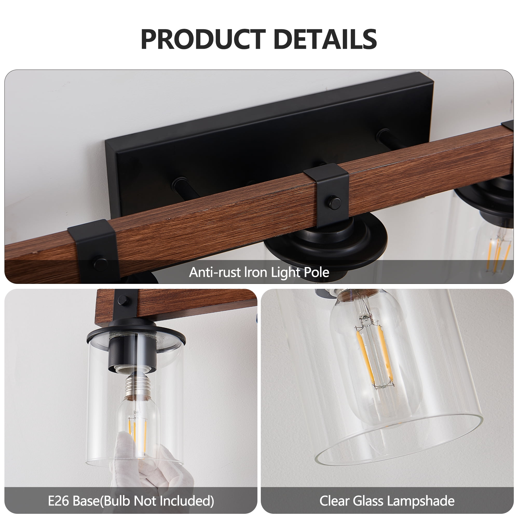 Leumius 7-Light Bathroom Vanity Light, Industrial Wall Sconce with Glass Shades and Wood Accent, Modern Farmhouse Lighting Fixture for Mirror, Bathroom, Bedroom and Hallway Walnut (No Bulbs)
