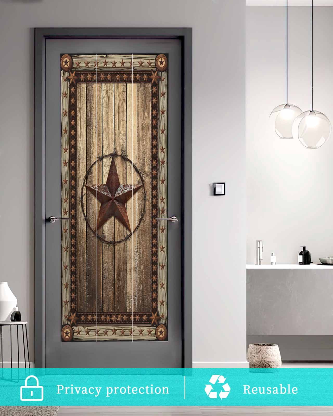 Window Privacy Film Western Farmhouse Stained Glass Window Film Decorative Sun Block Window Cover Rustic Country Texas Star Retro Window Clings Static Adhesive Sticker for Bathroom 23.6"x59"