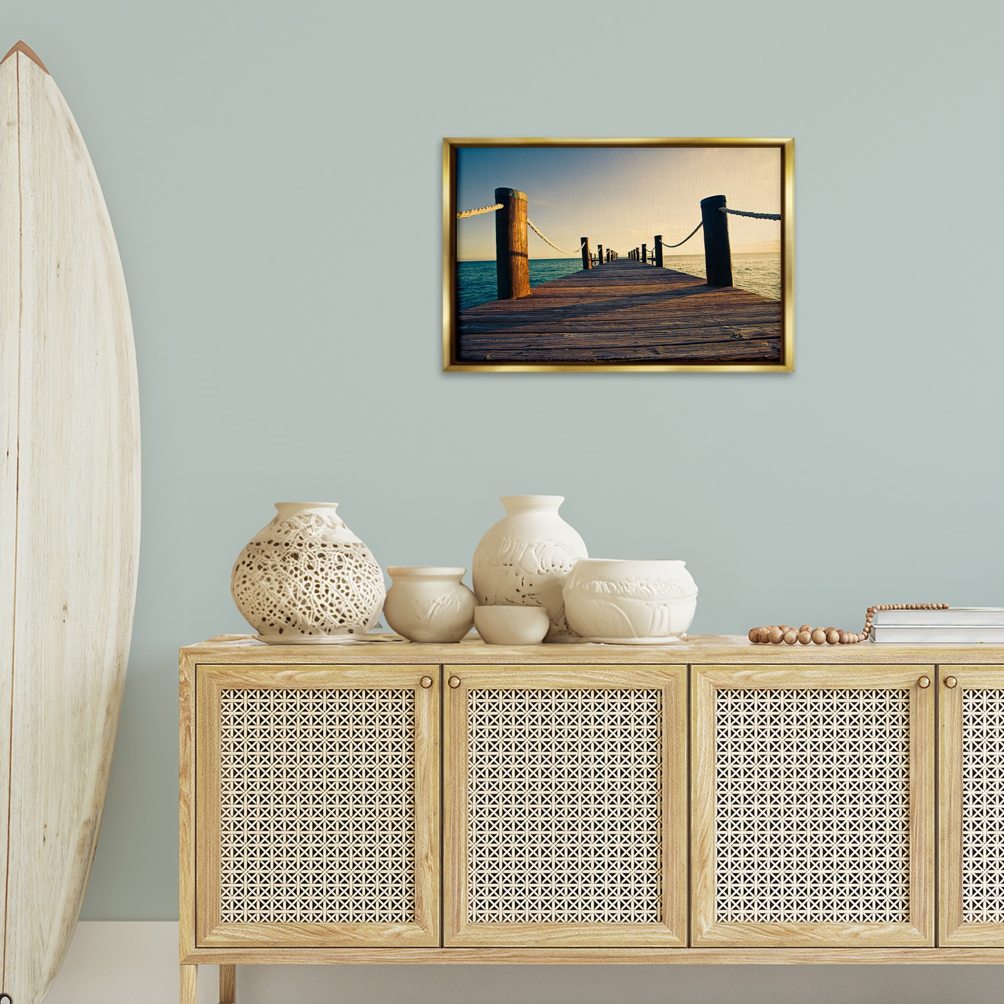 Stupell Industries Summer Coastal Dock Coastal Photography Gold Floater Framed Canvas Art Print Wall Art, 25 x 17