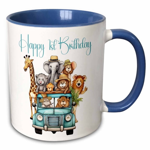 3drose, Safari Animal Happy 1st Birthday, 11oz Two-tone Blue Mug