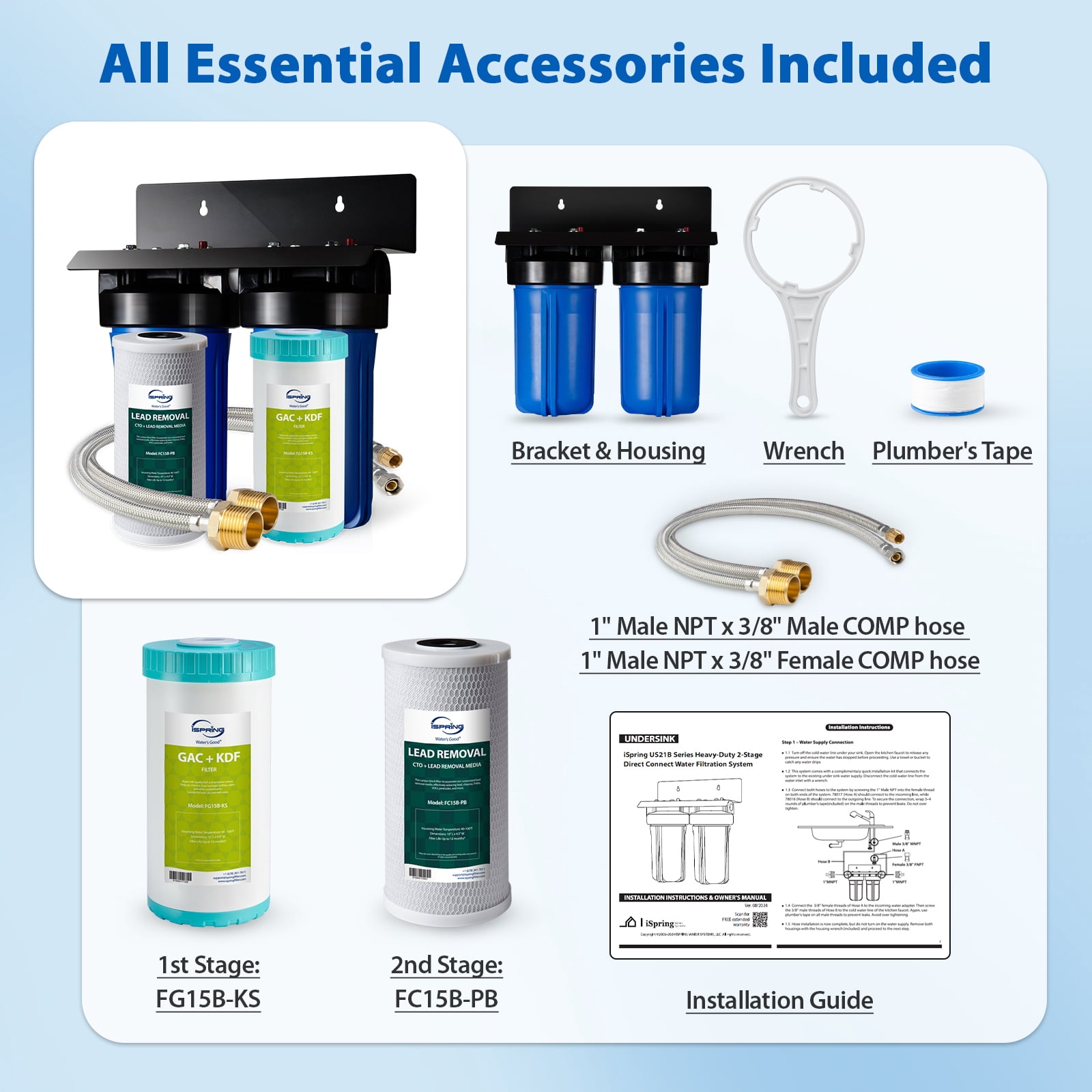 iSpring US21B-CPB 4-Layer High Capacity Under Sink Water Filter, Reduces Lead, PFAS, PFOA/PFOS, Chlorine, Bad Taste & Odor, w/ 2 Upgraded Direct Connect Hoses