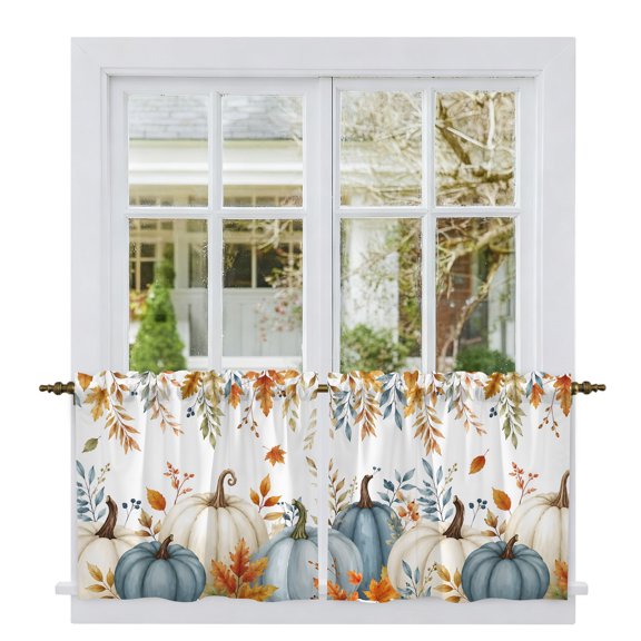 Blue White Pumpkins Fall Tier Curtains 36 Inch Length, Thanksgiving Maple Leaves Cafe Short Curtains for Bathroom Over Sink, Small Kitchen Curtain Light Filtering Tiered Drapes 2 Panels 27.5"Wx36"L
