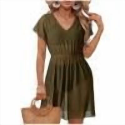 YuXingFu Mommy and Me Dresses Mid-Length V-Neck Plus Size Womens Dress Short Sleeve with Pockets Casual Summer Green S