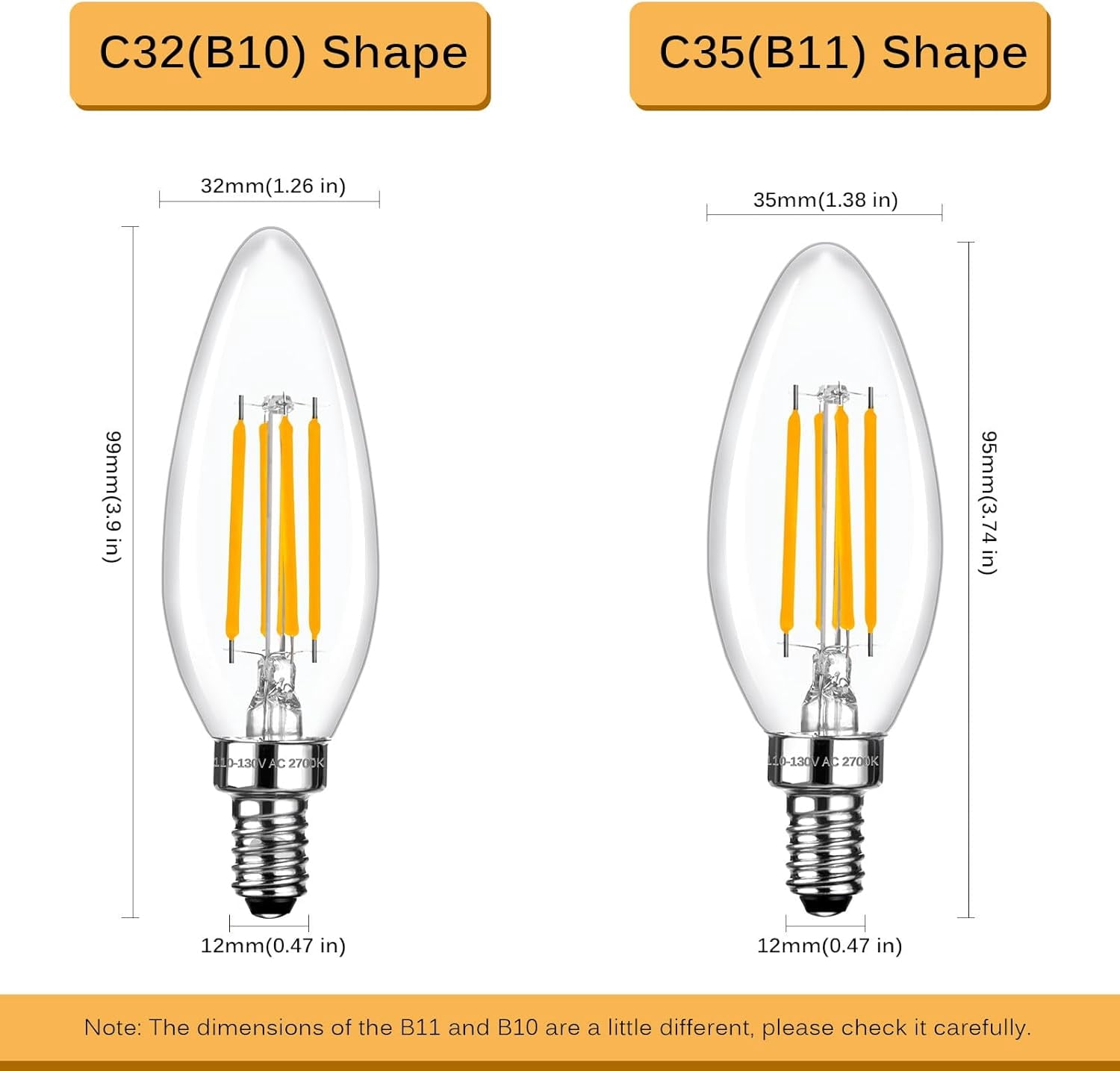 SHAANXIXIAN E12 LED Candelabra Bulbs 40 Watt Equivalent, 2700K Soft Warm White, 470 Lumens, C35 Dimmable LED 4W B11 Ceiling Fan and Chandelier Light Bulb, 6 Pack