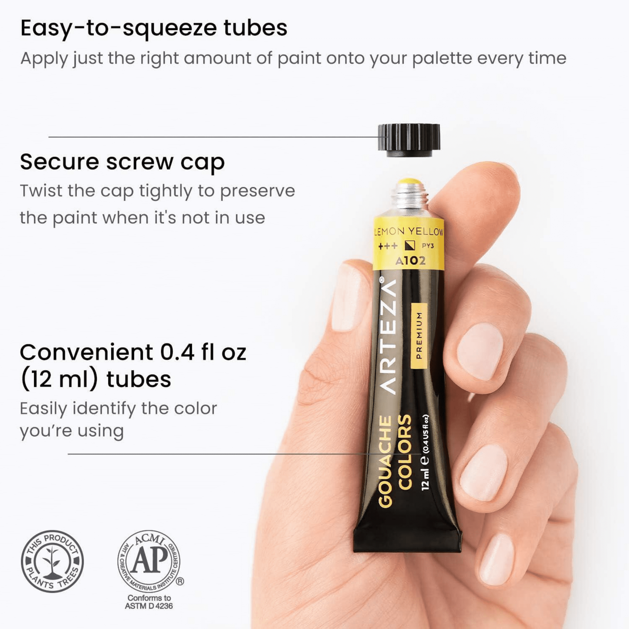 Arteza Acrylic Gouache Paint, Matte Finish, Multicolor, Set of 60, 12 mL