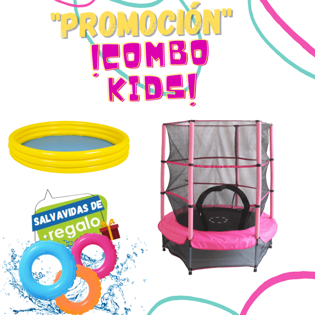 trampolín brincolín infantil 55 pulgadas 1.40 m y alberca piscina con malla de seguridad extra reforzado stats sports tr-tr55inchpk-10304-1ama-sv Trampolín infantil rosa 55" (140 cm) vista frontal 3/4 con red protectora negra extra segura, seis postes con funda de espuma, cubierta acolchonada sobre resortes y 30 ligas elásticas; incluye alberca inflable amarilla 157x25 cm (300 L) y salvavidas inflables, adecuado para juegos familiares al aire libre.