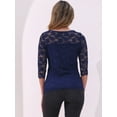 thumbnail image 3 of DARING DIVA Women's 3/4 Sleeve Crew Neck Floral Lace Tops S Dark Blue, 3 of 6