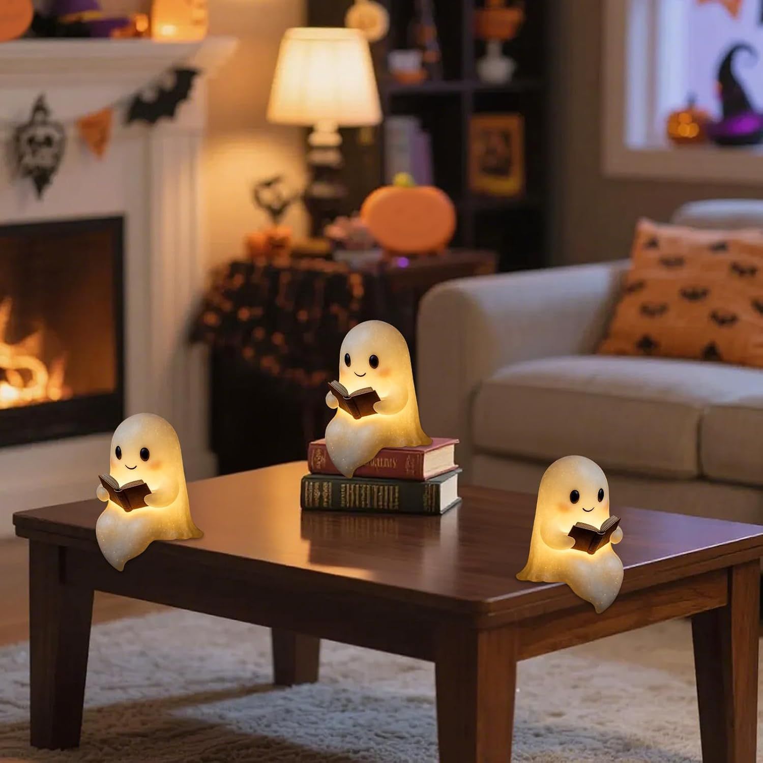 Christmas Ghost Reading Book Lamp, Cute Ghost Figurine Statue, Christmas Decoration for Gift Props Tabletop Bookshelf Home Decor