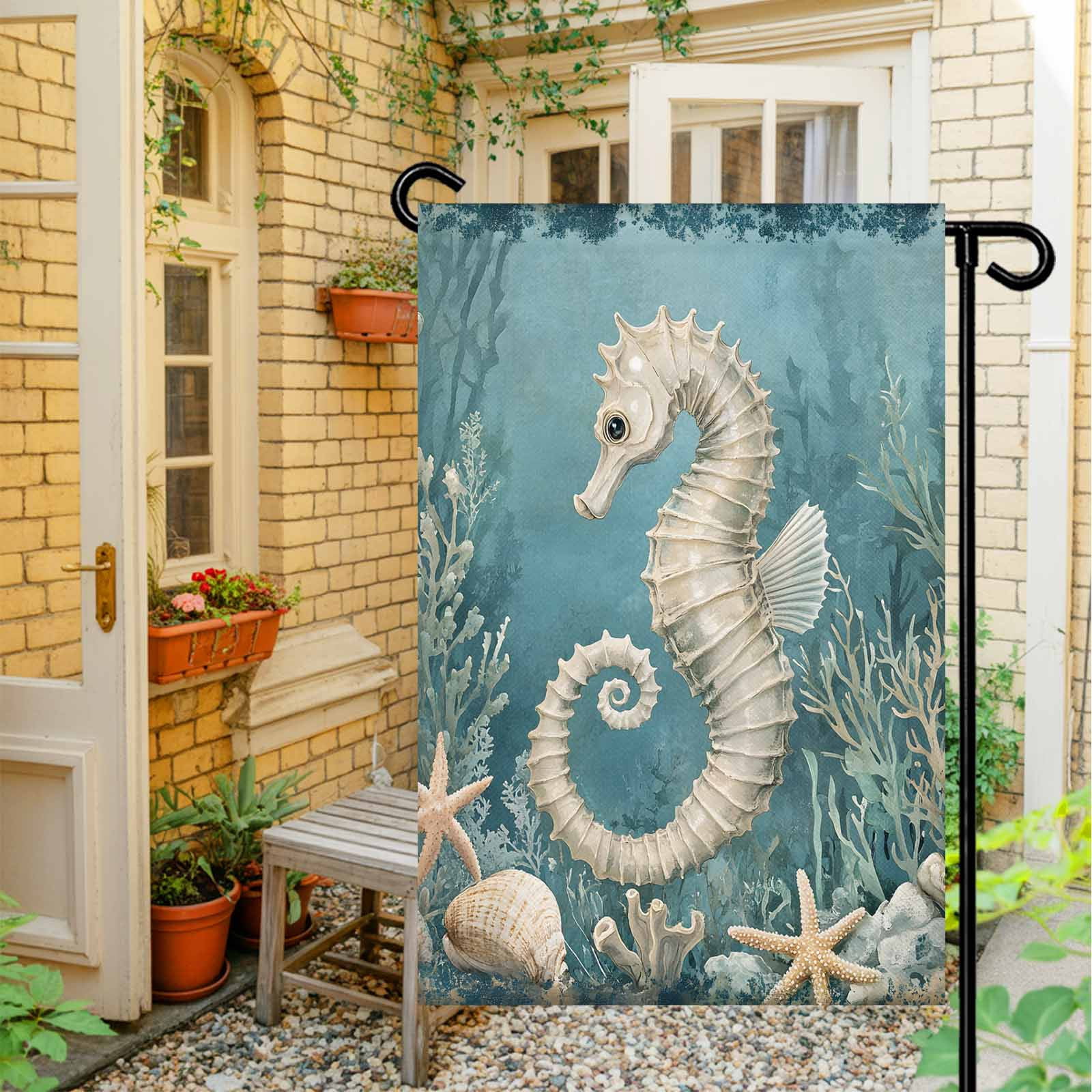 Garden Flag Double-Side Printed House Flag Seahorse Yard Flag Coral Starfish Blue Ocean Welcome Banner Decor Outdoor Holiday Decorations 28*40in