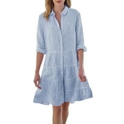 CLZOUD Womens Summer Dresses Light Blue Polyester,Spandex Women Casual Plaid Print Shirt Dress Long Sleeve Series Stand Collar Multi Layer Splicing Hem Casual Skirt Xl
