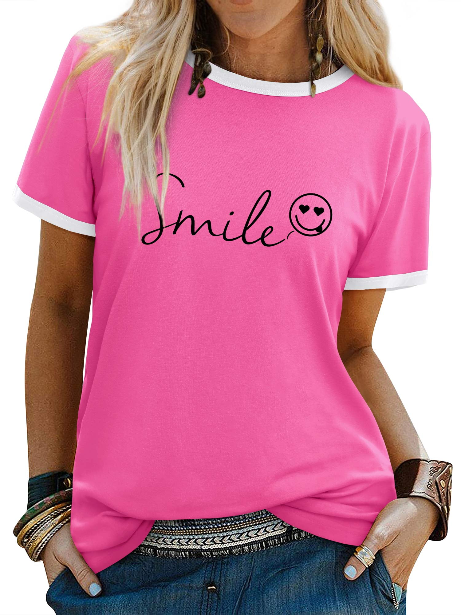 ZXSXSY Womens Summer Cute Smile Face Funny T-Shirts Trendy Graphic
