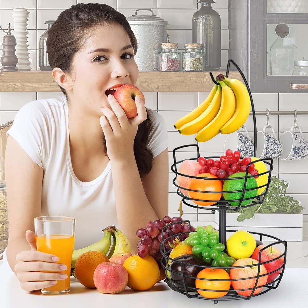 Bextsrack Fruit Bread Basket with Banana Hanger, 2 Tier Countertop Rack