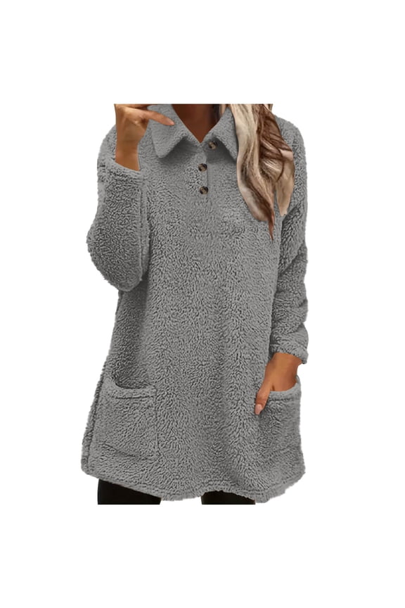 Women's Sherpa Fuzzy Sweatshirt Fleece Long Collared Sweater Soft Cozy Pullover Winter Warm Loungewear Tops, M Gray