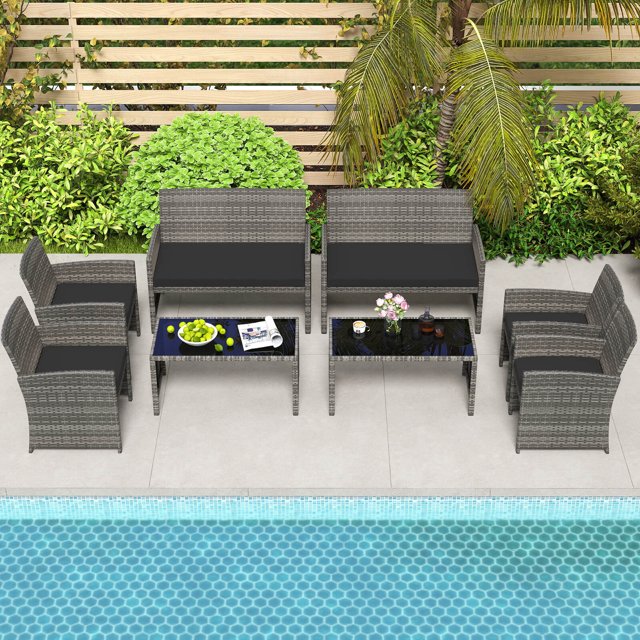 Costway 8 PCS Patio Conversation Set with Seat Cushions & Tempered Glass Tabletop, Outdoor