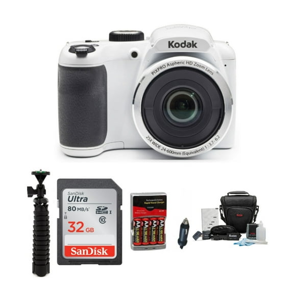 Kodak PIXPRO AZ252 Digital Camera (White) with 32GB SD Card and Tripod Bundle