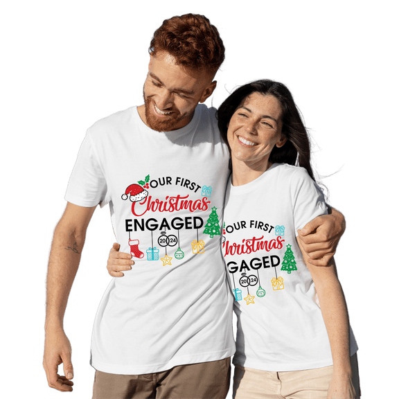 Lotusprinthandmade Our First Christmas Engaged 2024 White Classic Unisex T-Shirt 100% Cotton S-5XL (S), First Engaged Christmas Shirt, Holiday Engagement T-Shirt