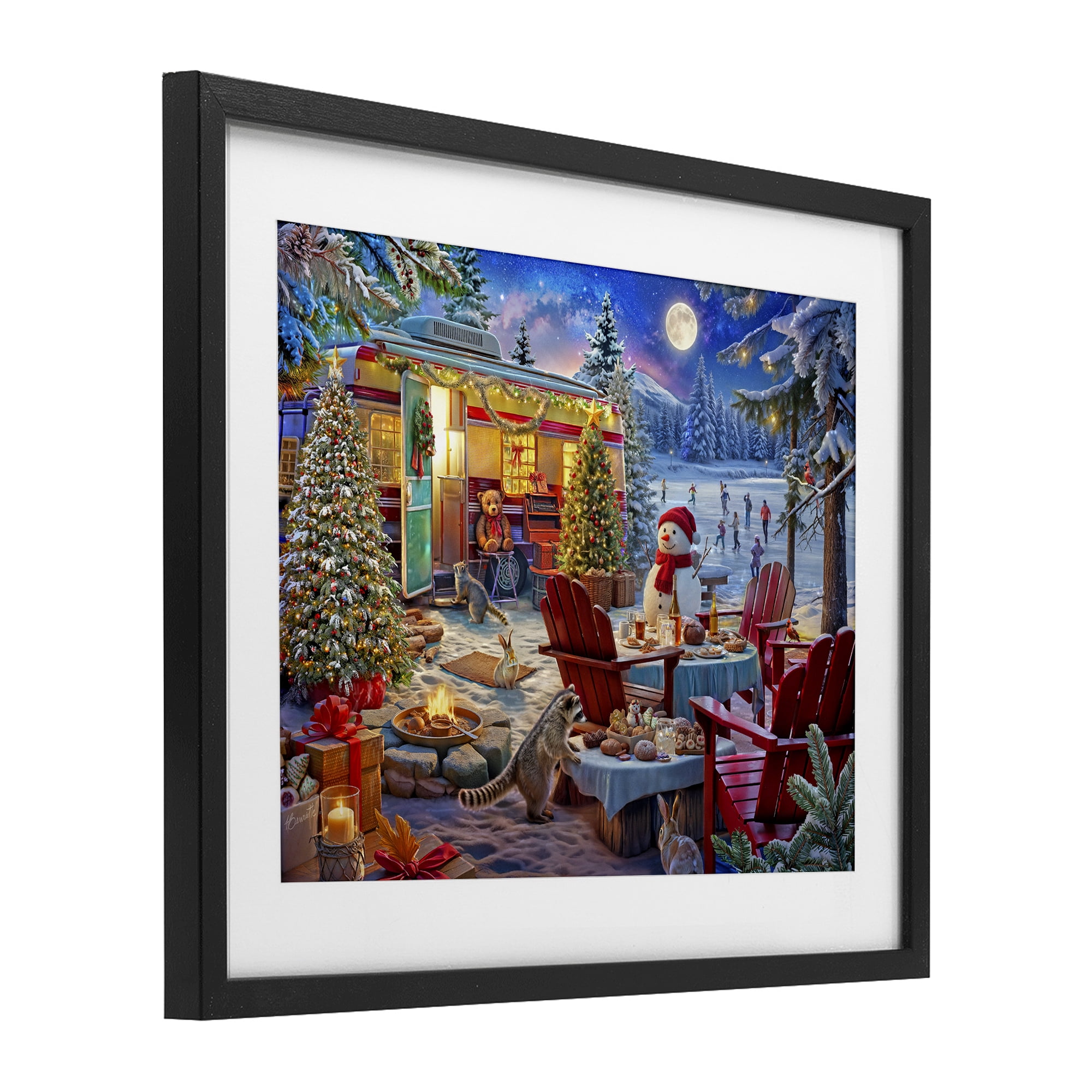 Winter Holiday Camper Party Black Framed Print Under Glass, design by Henriette Chinaglia