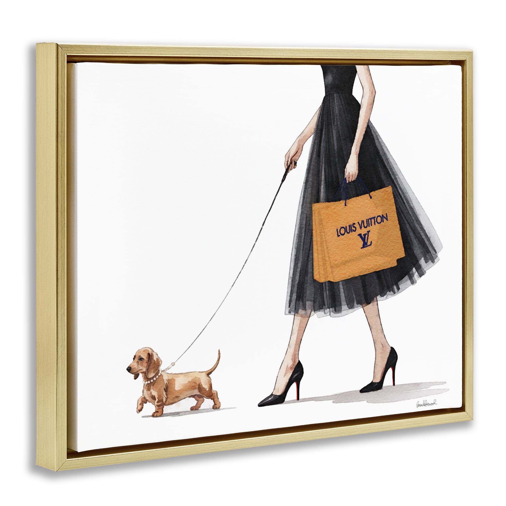 Stupell Industries Fashionable Dog Walking Gold Framed Floater Canvas Wall Art, design by Amanda Greenwood