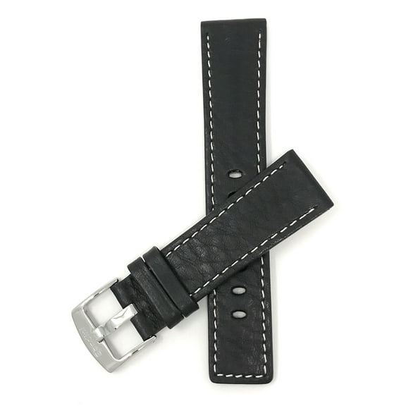 Bandini 22mm Mens Genuine Leather Watch Band Strap - Black With White Stitch - Square Edged