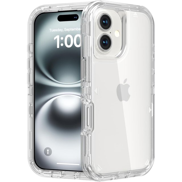 Funda protectora resistente a golpes y caídas, transparente de triple capa, compatible con iPhone 16 Plus.