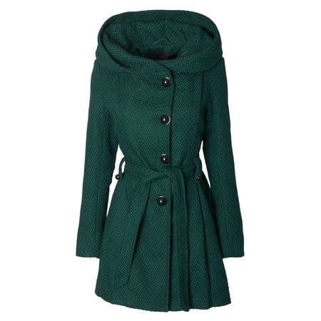 Wool Single Breasted 3 Button - Sportoli Womens Single Breasted Wool Blend Belted Winter Dress Drama Coat with Hood