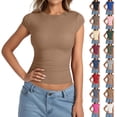 thumbnail image 2 of Aihuaihua Womens Cap Sleeve Tops Summer Crew Neck Short Sleeve Shirts Slim Fit Basic Ribbed Tees Y2K Going Out Crop Tops Brown XXL, 2 of 6