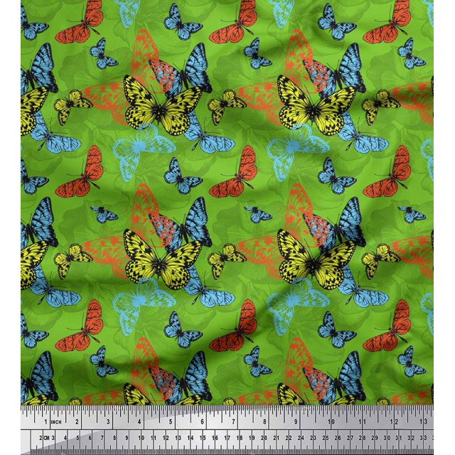 Soimoi Green Poly Georgette Fabric Colorful Butterfly Print Fabric by Yard 52 Inch Wide