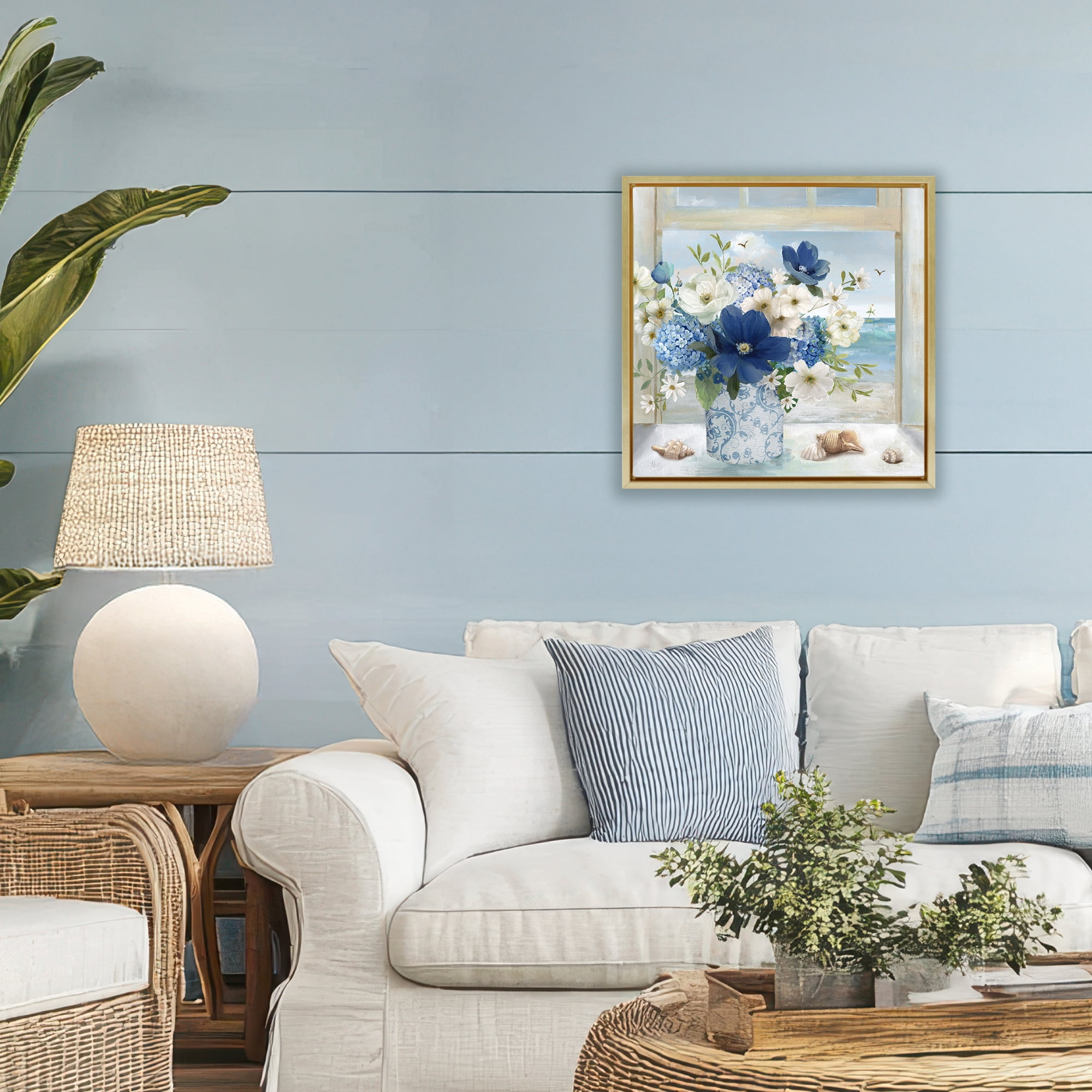 Stupell Industries Seaside Blue & White Arrangement Gold Framed Floater Canvas Wall Art, design by Nan