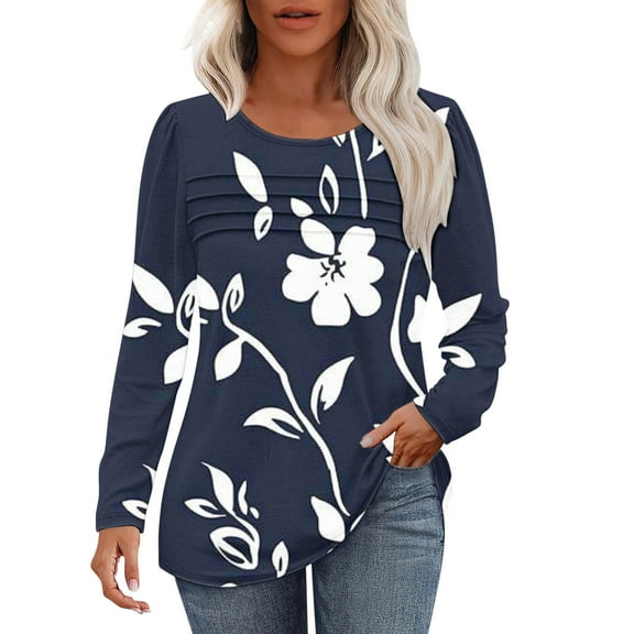 Viikei Womens Solid Crew Neck Long Sleeve Top,Women's Spring/Summer Floral Printed Round Neck Long Sleeve T-shirt Navy S
