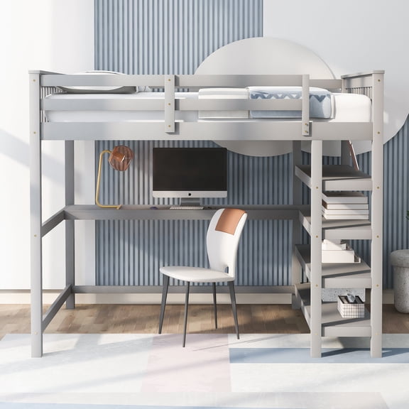 MODERNLUXE Wood Full Size Loft Bed with Desk and Shelves, Gray
