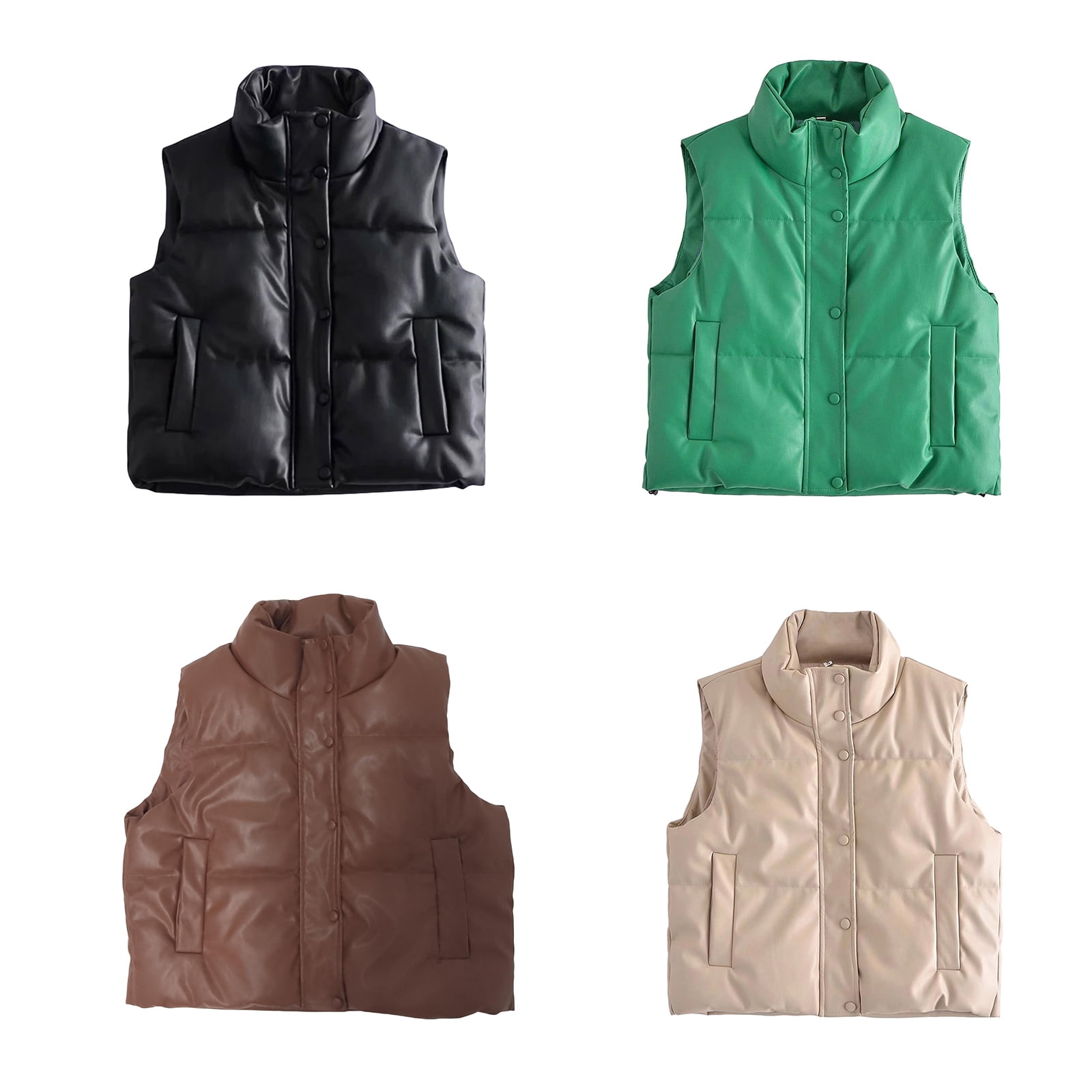 Women's Padded Vest PU Leather Jacket Quilted Gilet Fall Winter
