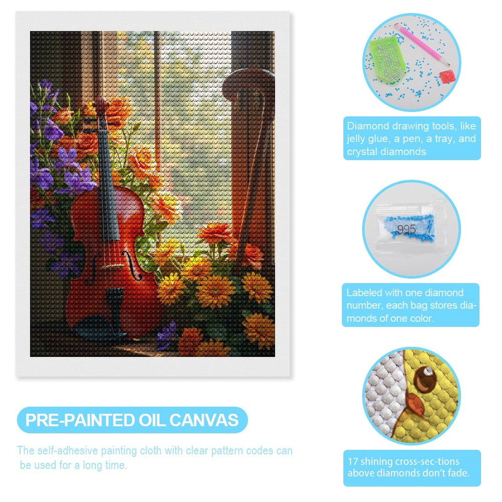 Diamond Art Kits for Adults, Violin Floral Window Display 5D Diamond Painting Kits for Adults Beginners, DIY Full Drill Diamond Painting, Gem Art and Crafts 12x16