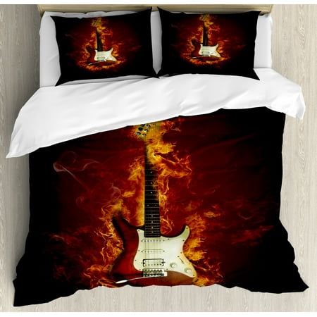 Guitar Duvet Cover Set Electric Guitar In Flames Burning Fire