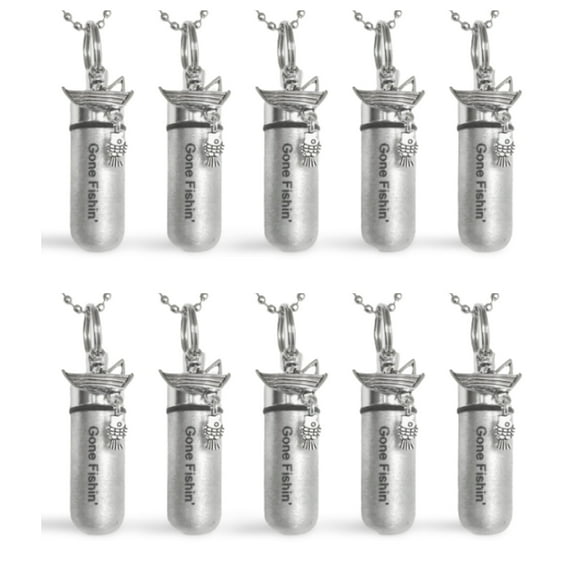 Wholesale Set of TEN ENGRAVED Gone Fishin' Brushed Silver Fisherman in Boat CREMATION URN Keepsakes with 10 Velvet Pouches, 10 Ball-Chains and Fill Kit