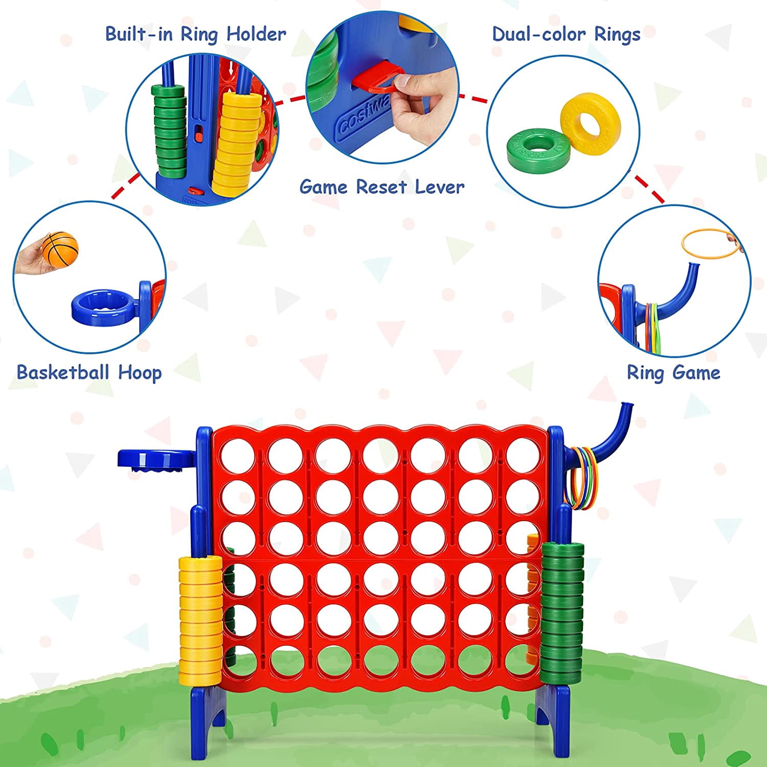 ZJTER Jumbo 4-to-Score Giant Game Set for Kids & Adults, 2.5Ft Indoor Outdoor Game with Basketball Hoop, Ring Game, 42 Jumbo Rings, Quick-Release Slider, Perfect for Birth & Holiday Party