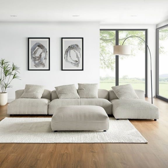 Solace4-Piece Modular Corduroy Upholstered Sectional Sofa With Ottoman in Almond