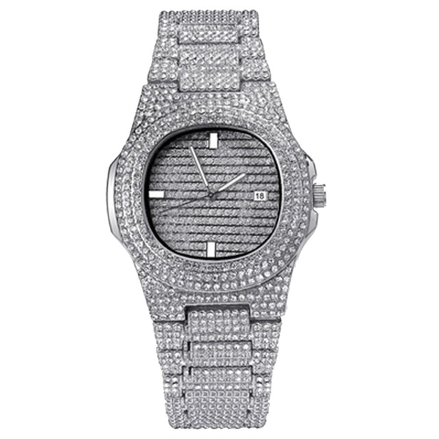 Reloj de pulsera de circonita para hombre, reloj de diamantes de imitación, reloj de cuarzo de moda, reloj de pulsera de hip hop plateado