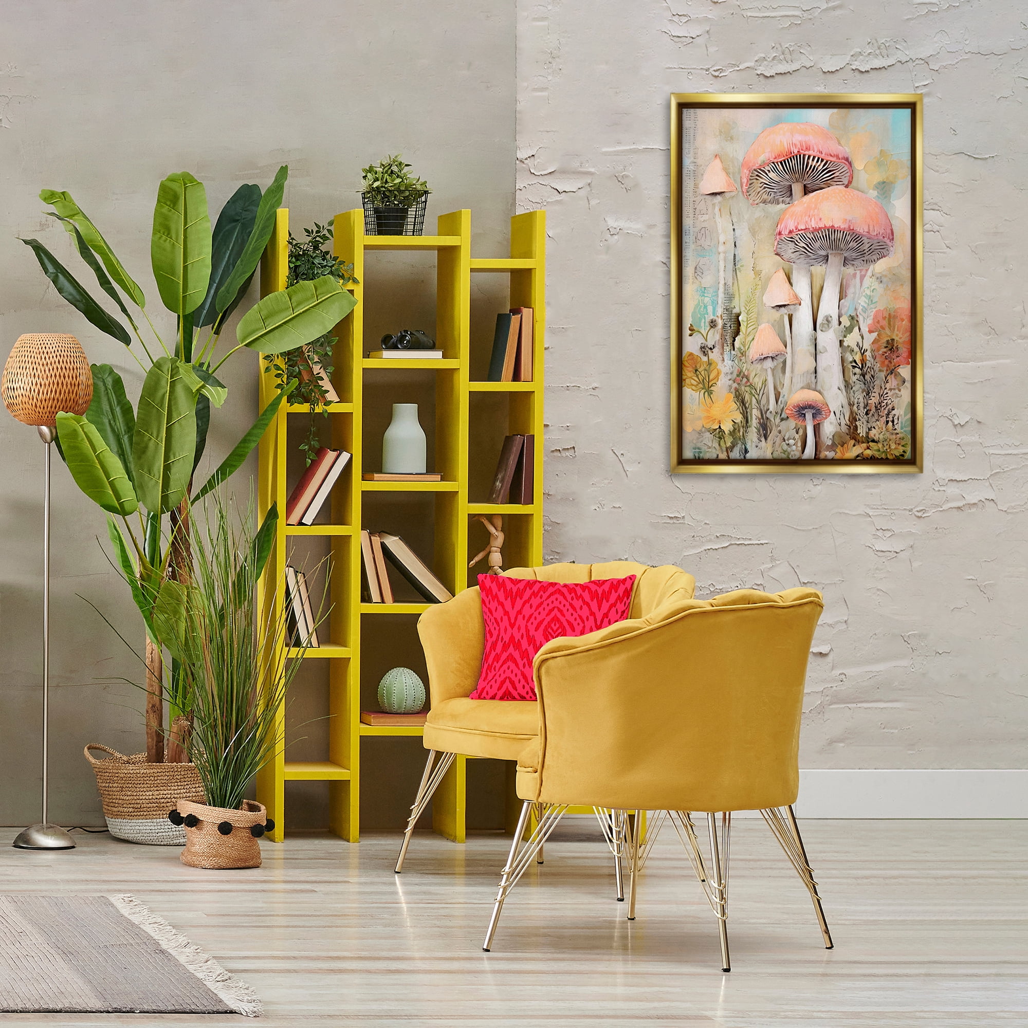 Stupell Industries Soft Collaged Mushrooms Plants & Flowers Painting Gold Floater Framed Canvas Art Print Wall Art, 21 x 31