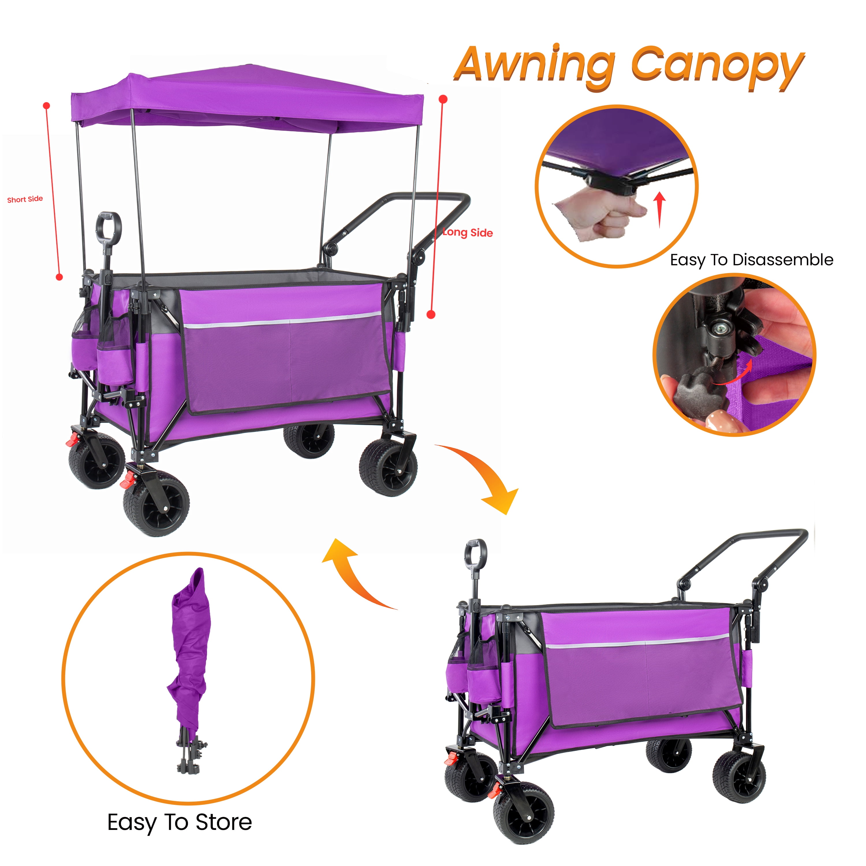 Multi-Functional Push-Pull Folding Wagon Cart Purple, Rotating Handle & Canopy, 7''x4'' Wheels with Brakes, 480lbs 300L for Outdoor, Groceries, Transport