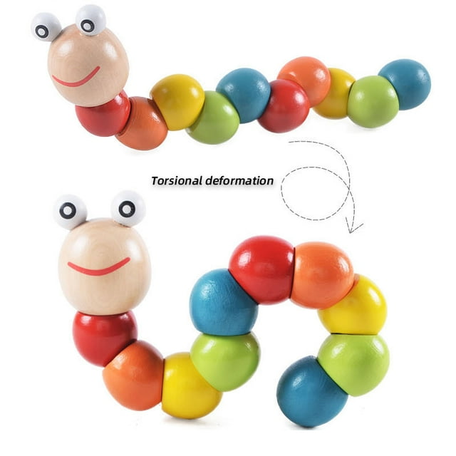Jake.Secer Colorful Twister Worm Caterpillar Animal Doll Wooden Intellectual Toy 0-3 Years Old Baby Fun Toy