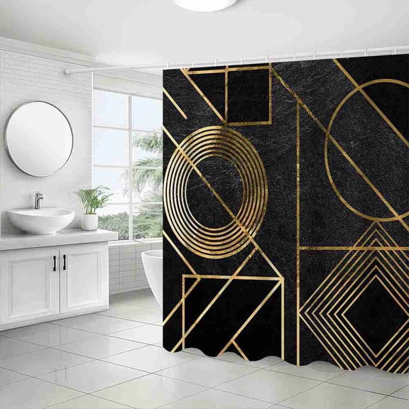 70x70 inch Black and Gold Geometric Line Art Shower Curtain, Waterproof Polyester Fabric with Hooks for Bathroom Decor
