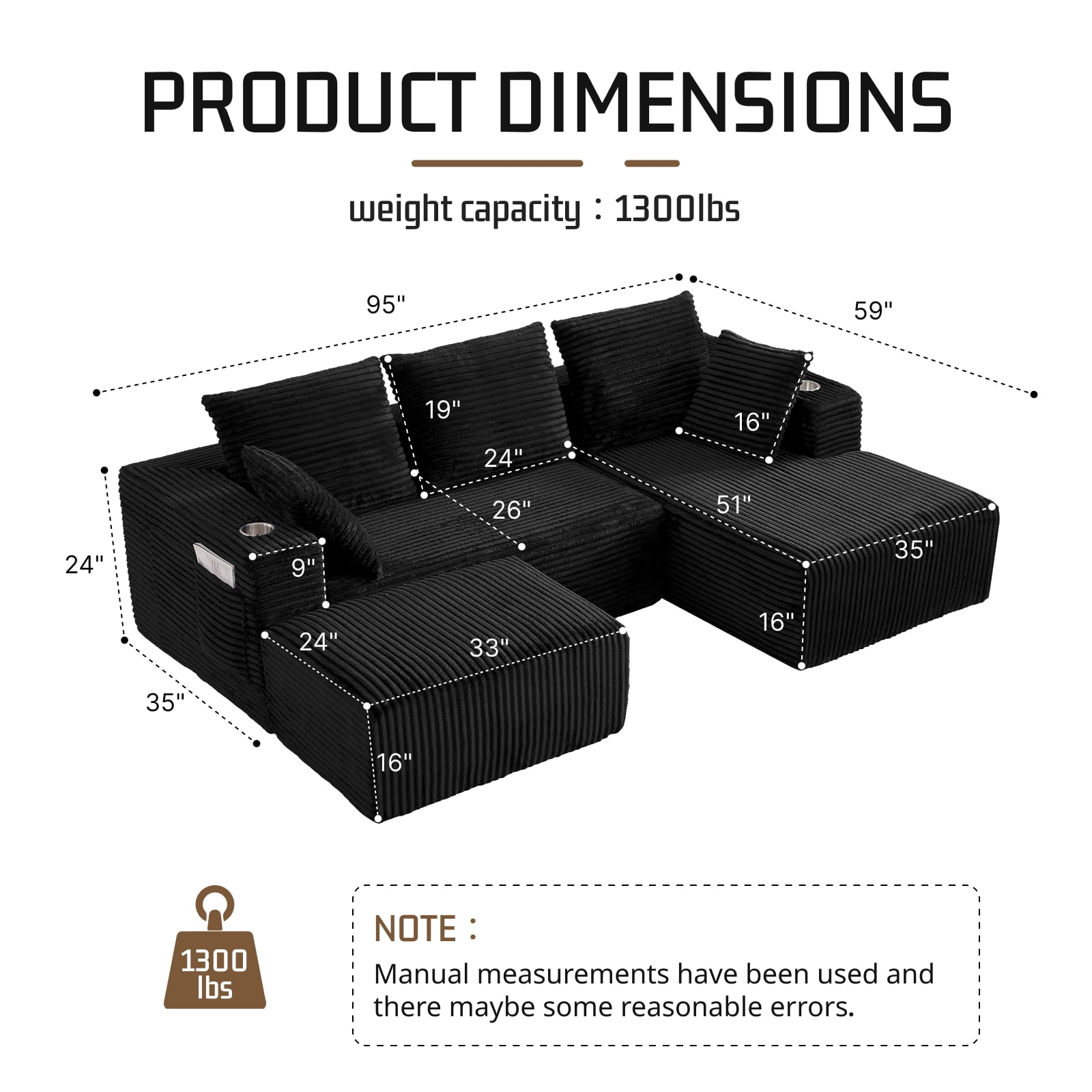 95'' 4 Seater Boneless L Shape Modular Sofa Couch with 4 Pillows, 2 Cup Holders and Ottoman