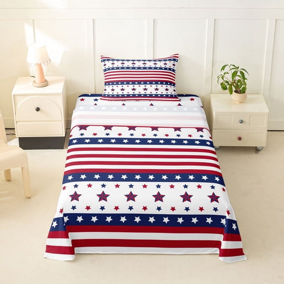 Manfei Stars Striped Twin Sheets,Red Navy Bedding,3pcs,1 Fitted Sheet and 1 Pillowcase