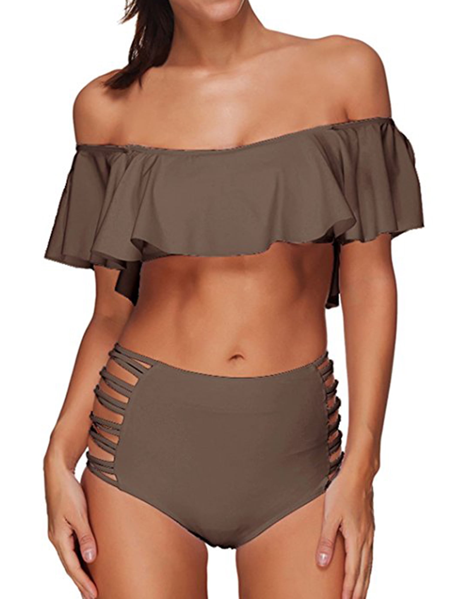 Malbaba Ruffles Overlay Off The Shoulder Swimwear Padded Bra Swimwear Two Pieces Bikini Set
