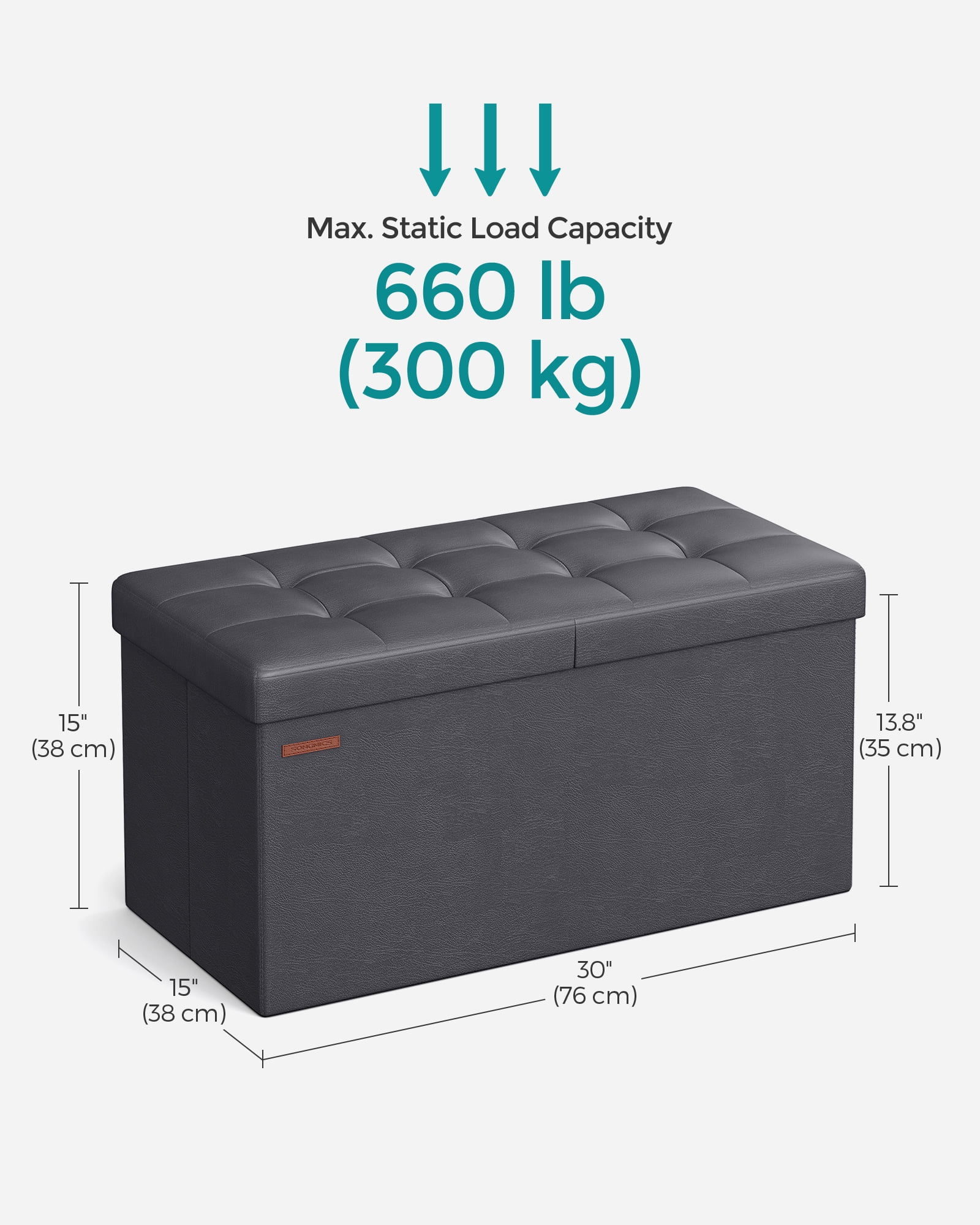 SONGMICS 30" Storage Ottoman Bench Folding Leather Ottoman Storage Footrest Hold up to 660lb Dark Gray